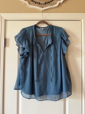 LC Lauren Conrad Dusty Blue Ruffle Sleeve Blouse